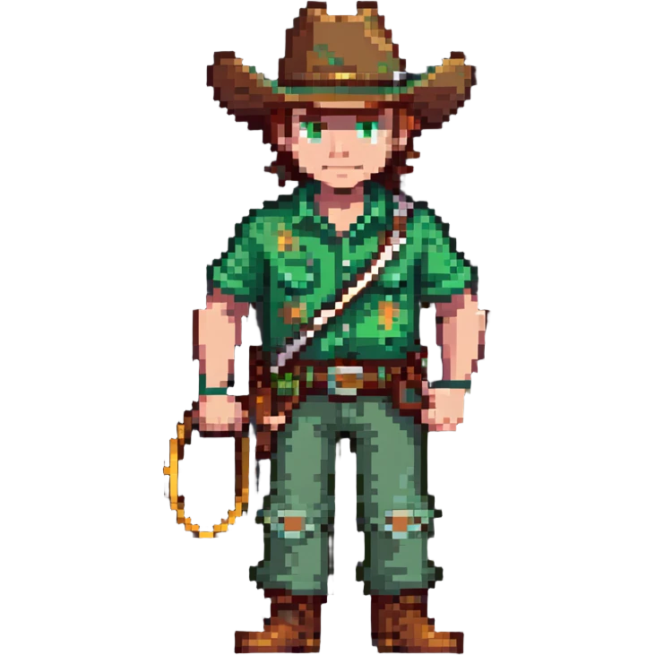 Cowboy character with green shirt, pants, and hat, holding a lasso emoji