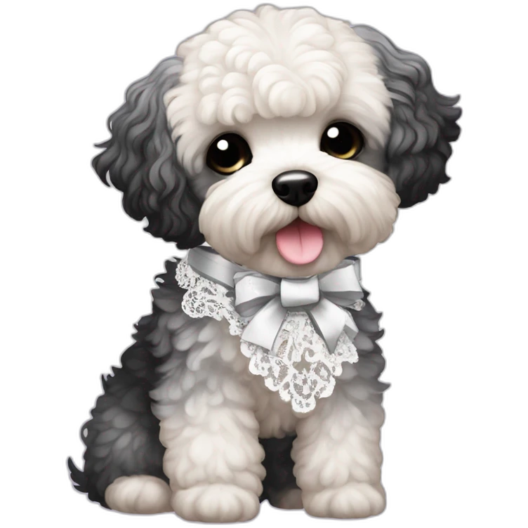 Maltipoo, black and white hair, anime style with coquette lace ribbon emoji