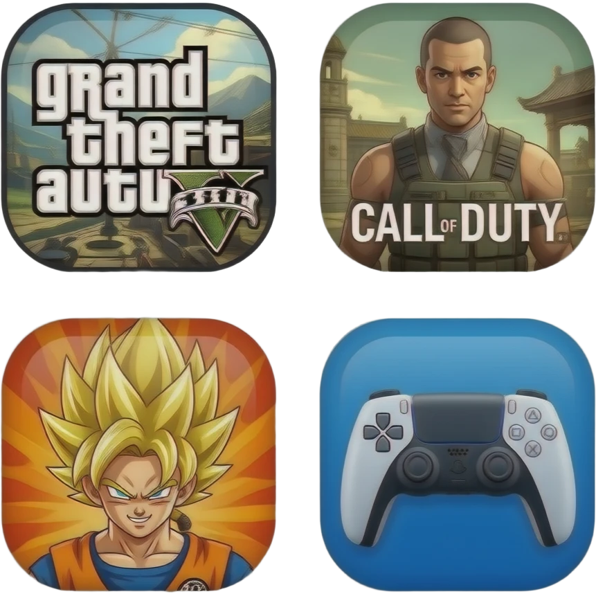 icone avec a l interieur des icone de jeu grand theft auto 5  call off duty et dragon ball z et ubien ecritne mannette ps5 devant emoji