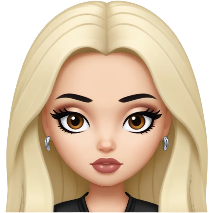 pretty bratz baddie, black eyeliner, medium white skin,  black long hair, dark brown eyes emoji