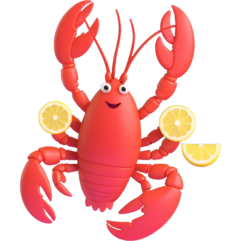 lobster dancing with a lemon in its mouth, spinning 360 degrees, emoji style emoji