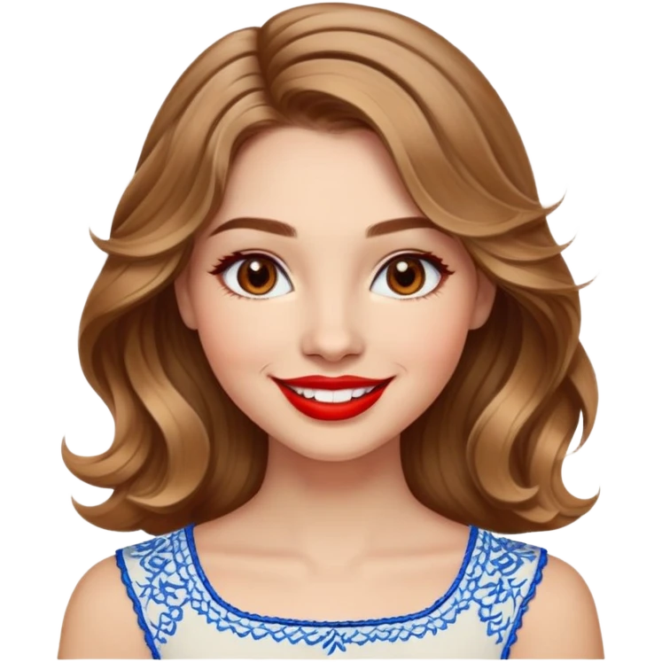 Cheerful woman with clear skin, round face, wide friendly smile, big light brown eyes, vibrant red lipstick, shoulder-length wavy dark blonde hair with light highlights, white top with blue embroidery and electric blue neckline emoji