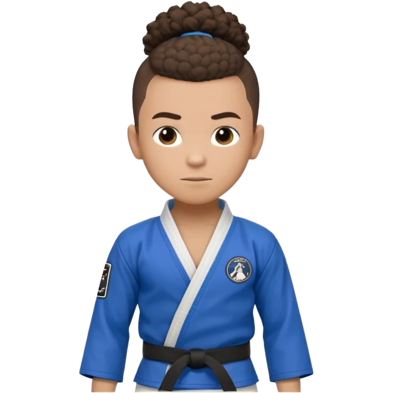 Mixed race boy BJJ instructor with pony tail afro hair and shaved bald sides haircut, Make the hair brown and the belt blue. Add the roger Gracie academy logo on the go also and the p logo of progress jiu jitsu on the right arm sleeve  at the top emoji