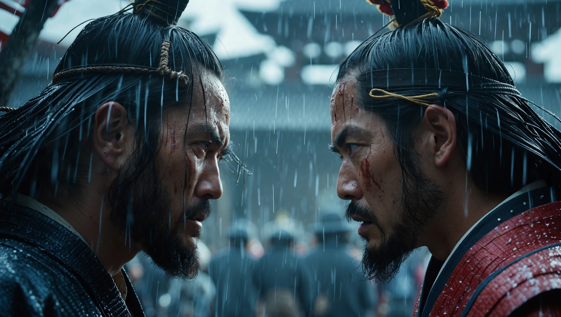 A cinematic scane from 1185, Wide shot of a two japan samurai face to face ready to fight during rain, deph composition, tense atmosphere, captured by by arri alexa, film directed by wes anderson emoji
