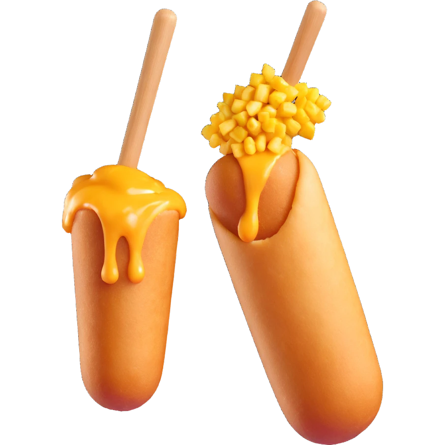 korean potato cheese corn dog, whole and bitten version side by side, cheese pull, crispy potato cubes, wooden stick, no text emoji