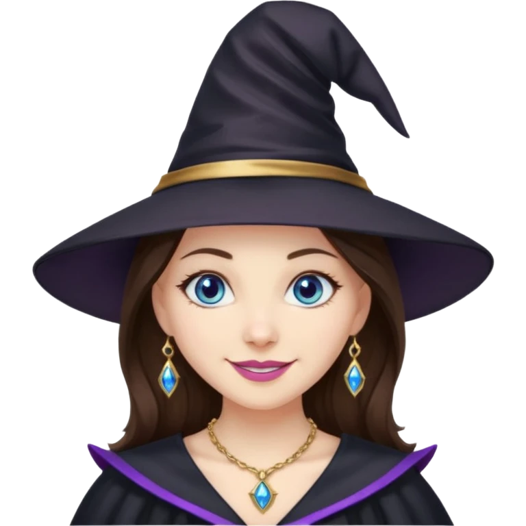 Witchy brunette haired blue eyed white girl with a witty smile a gold necklace and a black witch hat with a purple bow emoji