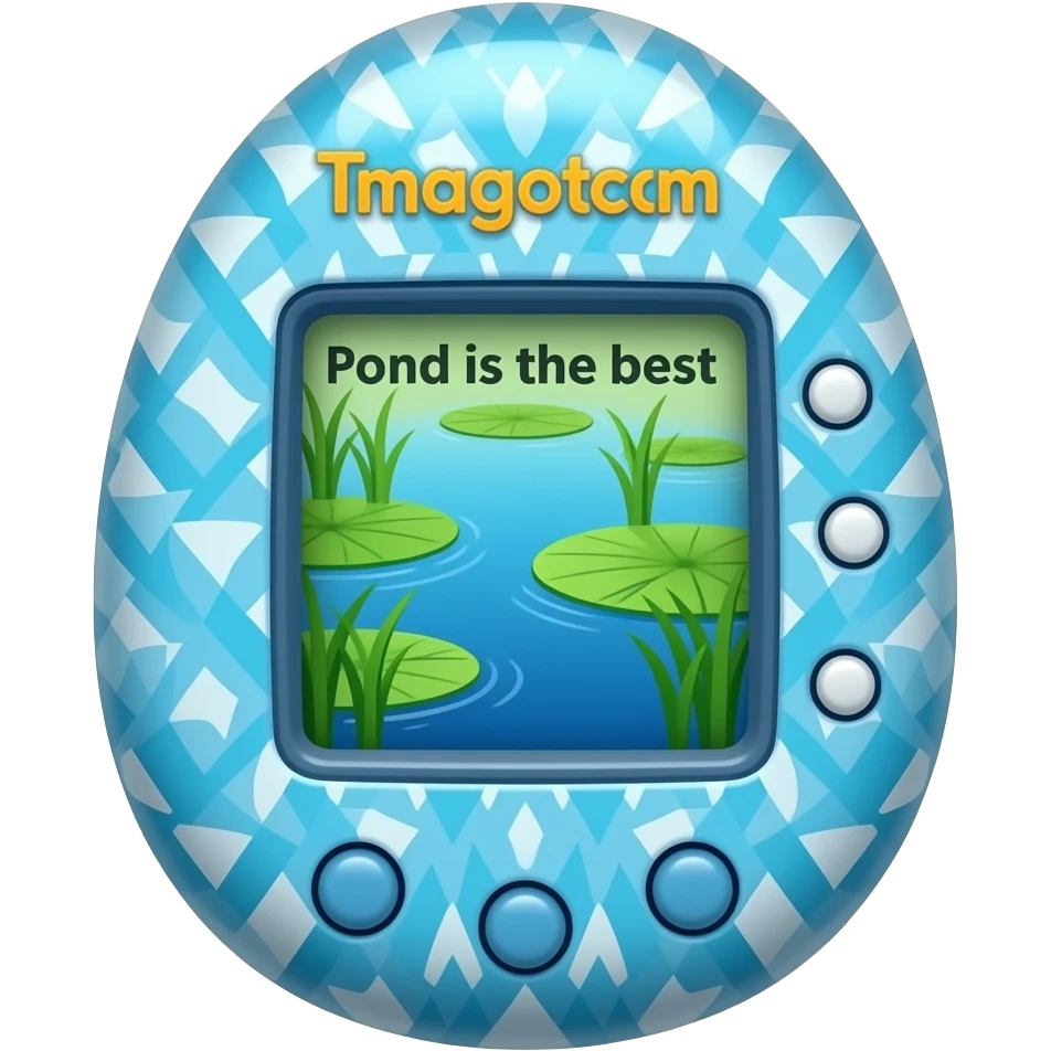 80s vibe blue tamagotchi with patterns on outside that says Pond is the best on the screen emoji