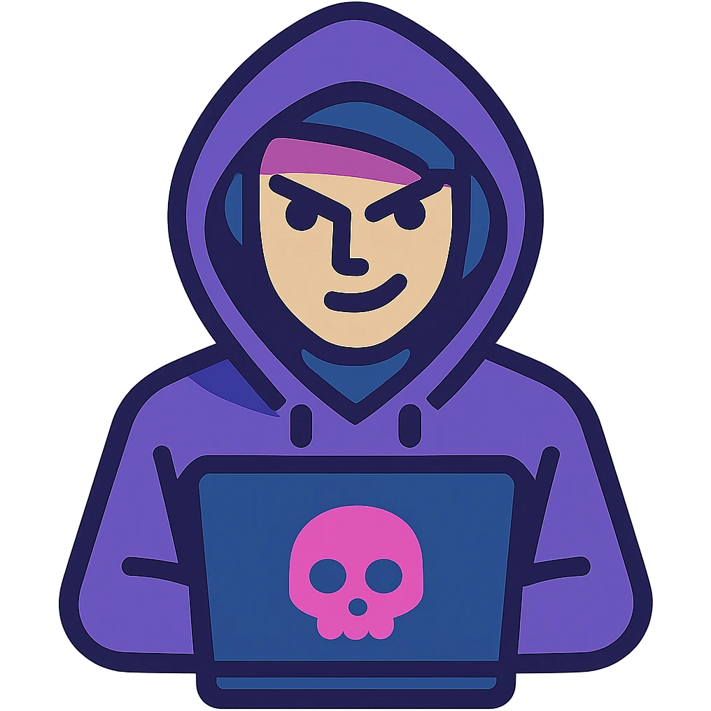 hacker character in purple hoodie, digital style emoji