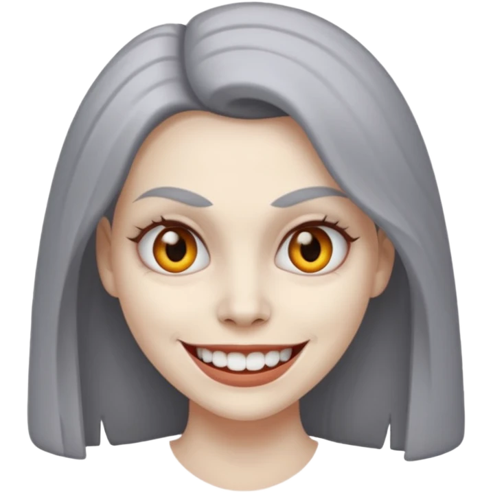 woman with gray skin and white blank eyes and a scary smile emoji