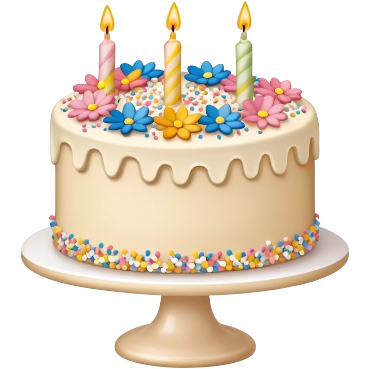  beige and white birthday cake with buttercream frosting flowers and sprinkles emoji