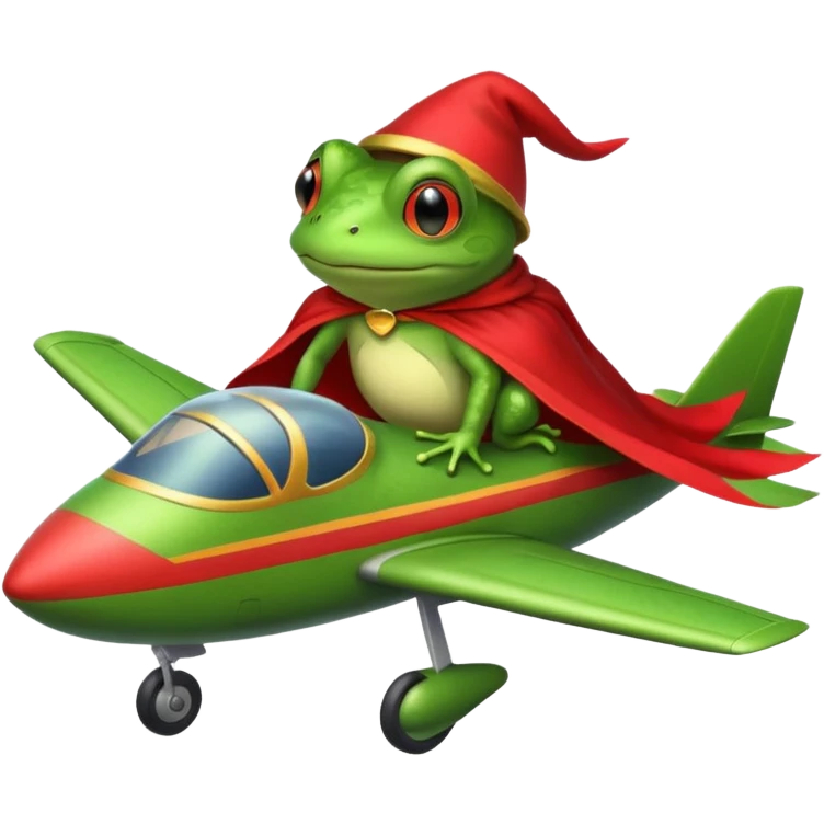 A frog wearing a cape and standing on a plane  emoji