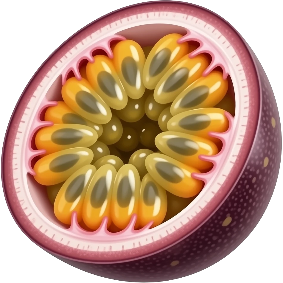a passion fruit, polished realistic rendering, highly saturated colors with smooth gradients, diagonal side angle emoji