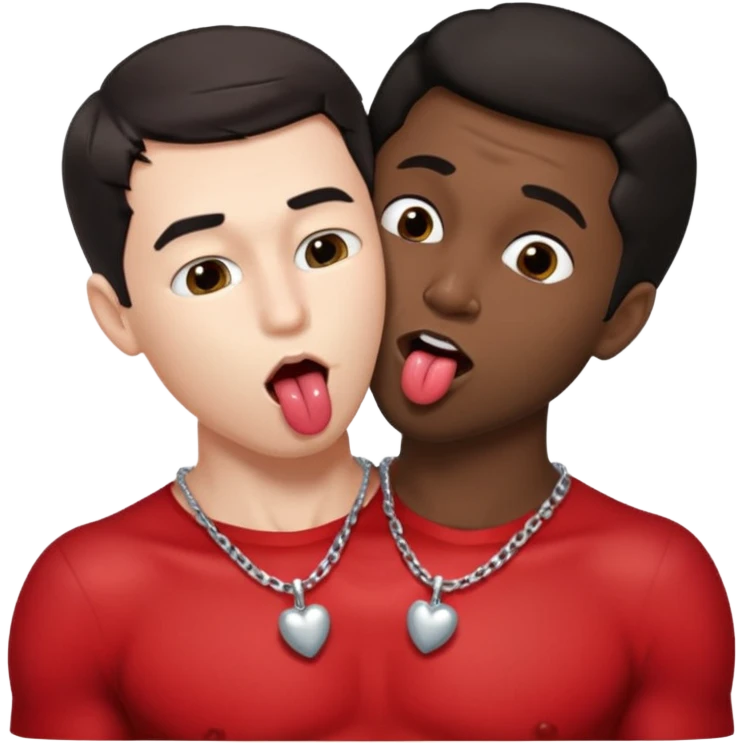 1 White adult male dark hair ,1 black adult male silver necklace, nude,kissing tongue open mouth  emoji