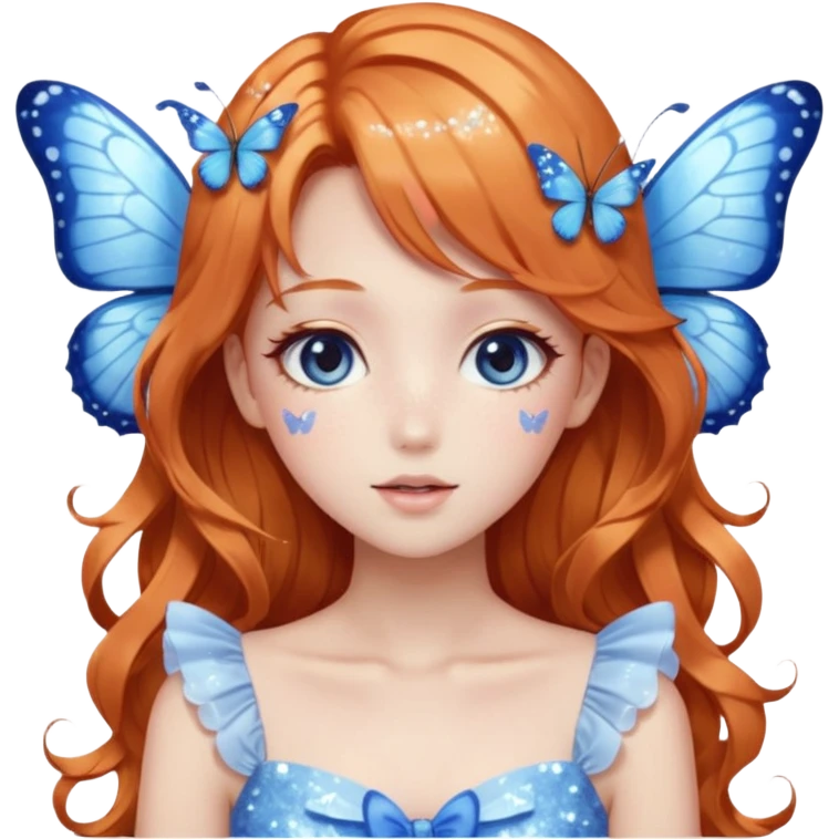 gorgeous shiny blushing pastel core glittery sparkly anime lady with butterflies and beautiful ginger hair fairycore high quality detailed vogue trending aesthetic, blonde hair, blue and white dress emoji