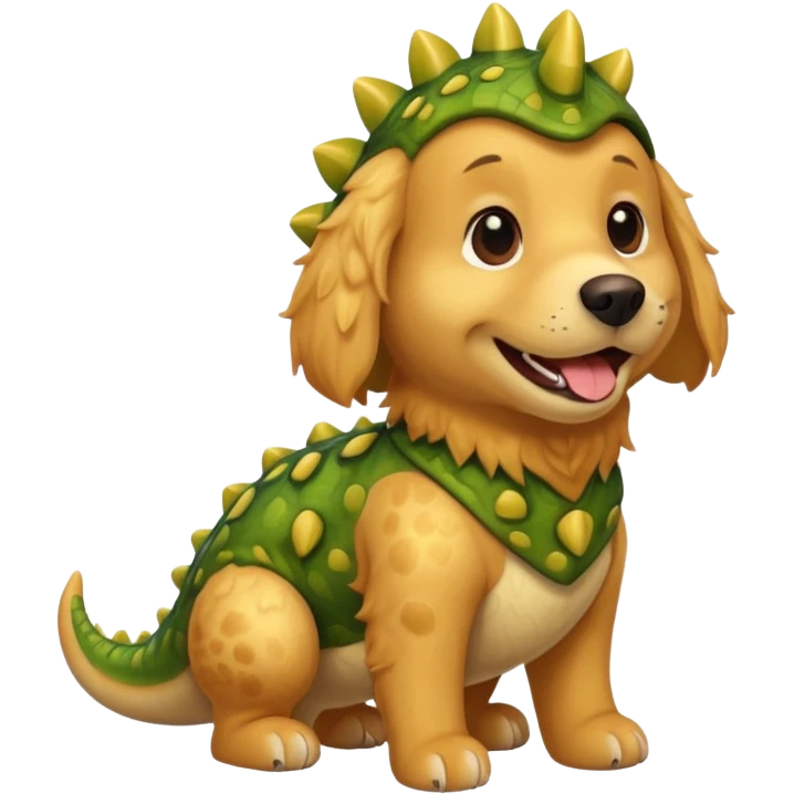 a golden retriever with a dinosaur costume emoji