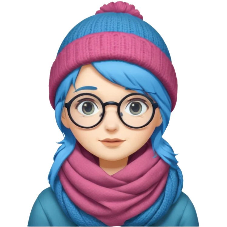 A shy blue straight hair woman with big round glasses and thick scarf and a beanie, blushing from the cold. emoji