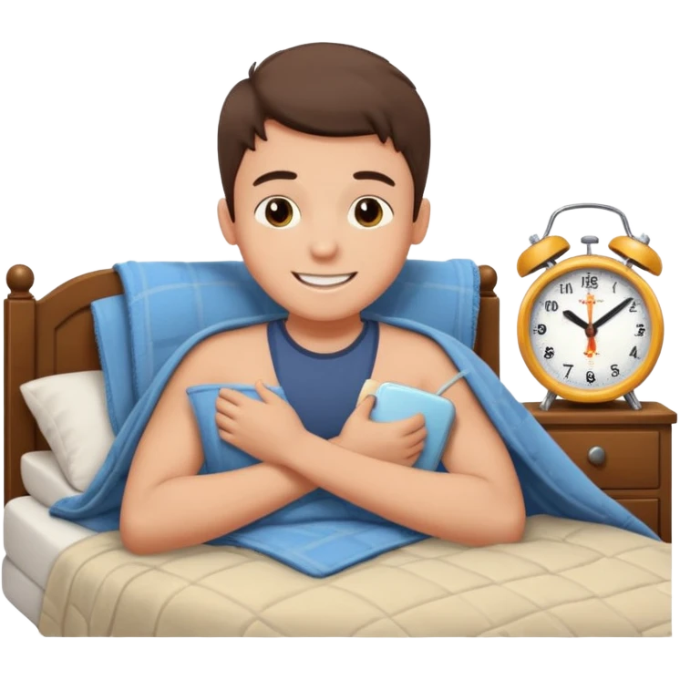 create emoji of a boy who is lying in the bed in the morning and its time to wake up  because the alarm went off he should smile  emoji