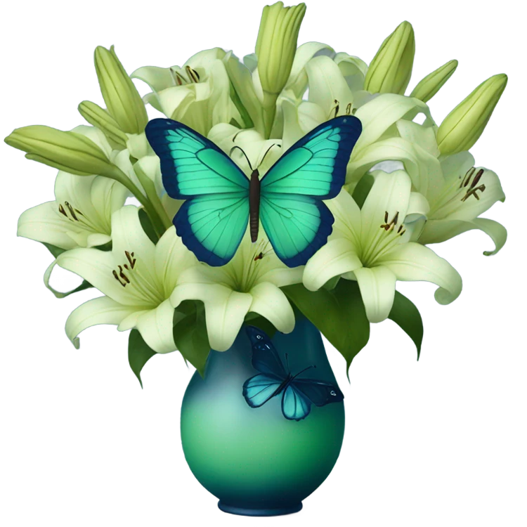 Aesthetic butterfly with blue and green  wings sitting on a dark blue bouquet of Lilies in a pastel green vase emoji