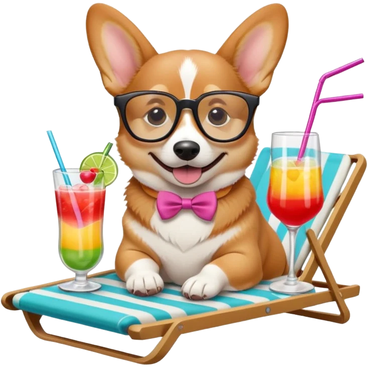 cute corgi dog lying on a beach lounger, wearing stylish glasses, happily sipping a colorful cocktail drink through a straw, emoji style emoji