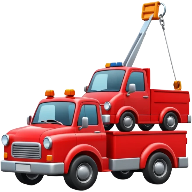 A 3D cartoon red tow truck pulling a small car, bright daylight, simple road background, Memoji-style realism. emoji