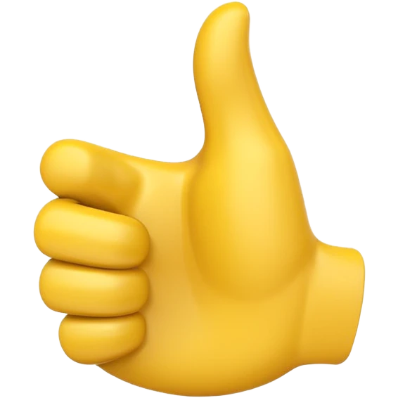 Apple-style 3D illustration of a single yellow emoji hand giving a thumbs up gesture, glossy and rounded, centered on a clean white background, soft shadow underneath, isolated and minimal design emoji