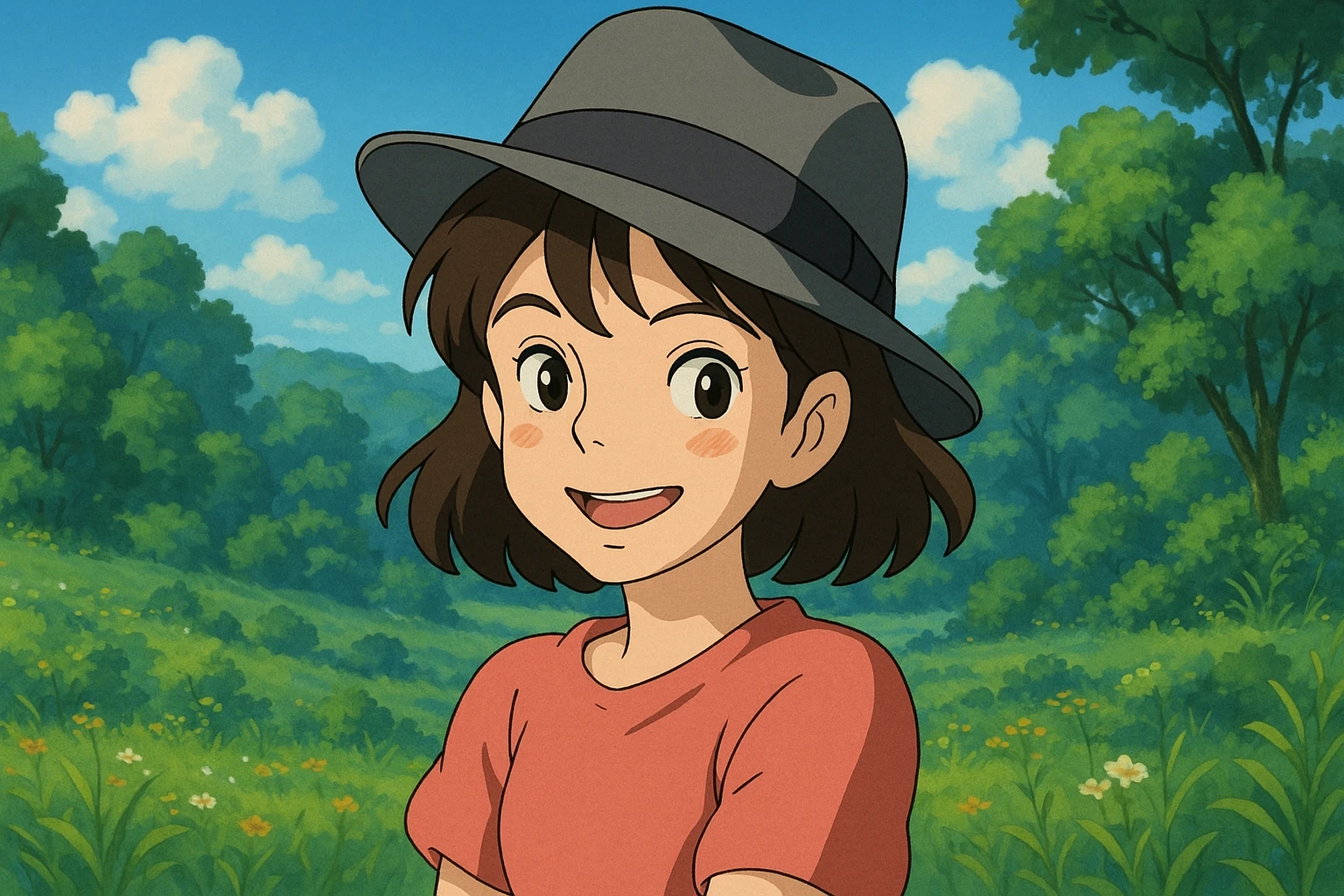 girl with a tilted gray fedora, playful smile, lush scenery, ghibli style emoji