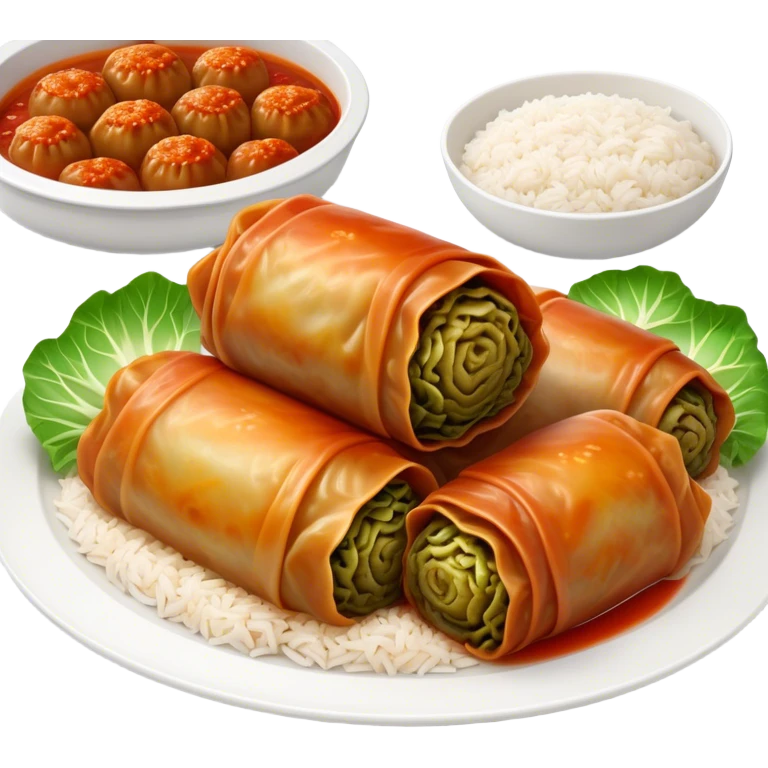 Cinematic Realistic Go≈ÇƒÖbki Dish Emoji, featuring cabbage rolls stuffed with rice and meat rendered with lifelike detail and inviting, homey lighting. emoji