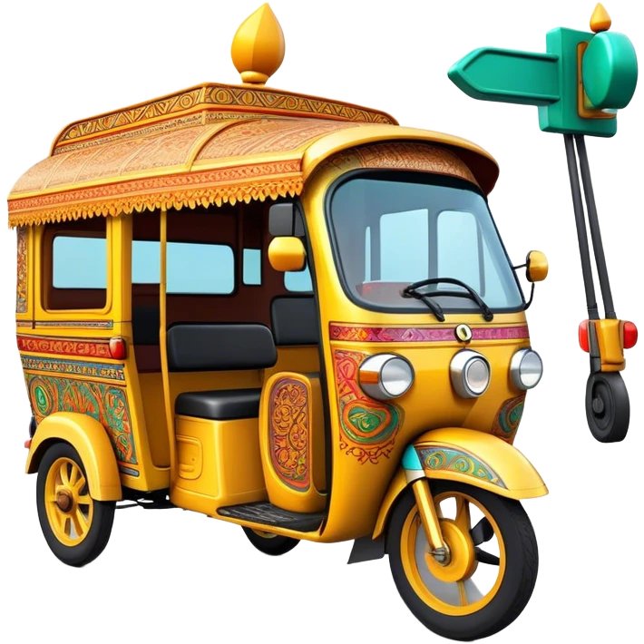 Cinematic Realistic Indian Auto Rickshaw Emoji, depicted as a colorful, bustling auto rickshaw with intricate designs and vibrant hues, rendered with lively textures and dynamic urban lighting that captures its quintessential presence in Indian cities. emoji