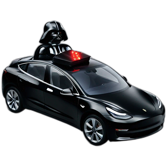 Darth Vader with lightsaver on riding a open top black Tesla Model 3 emoji
