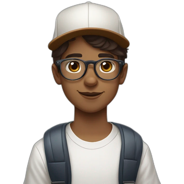 White hipster looking boy with short brown hair, large wire frame glasses, and a baseball cap on next to a Australian Shepard tri color emoji