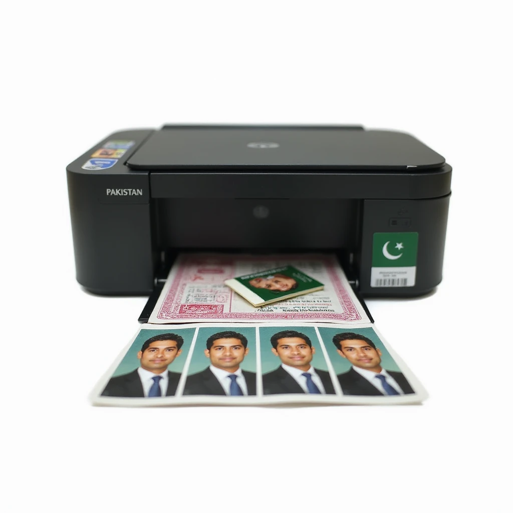 realistic thumbnail for a Pakistani passport size photo print out service, featuring a modern printer printing out a sheet of passport size photos, with several printed passport photos arranged neatly in front, and a small Pakistani flag or green accent, white background emoji