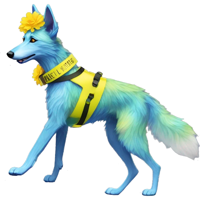  brindle fluffy lurcher fox running blue eyes fluffy ears and iridescent holographic oilslick harness wearing paper flower crown yellow caution tape neon sign emoji