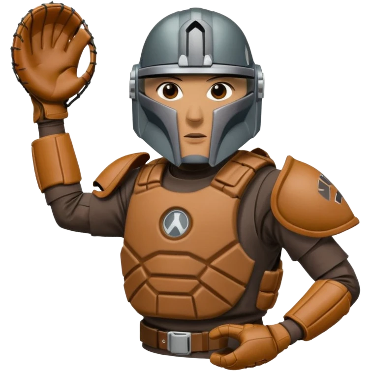 Mandalorian using a Catcher's mitt.  He looks ready to catch a ball.  Make the catcher's glove oversized.  Put a dark visor in the helmet.   emoji