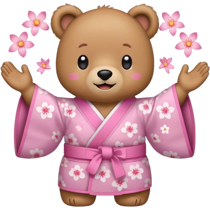 A cute light-brown bear wearing a pastel pink sakura-patterned kimono, normal balanced body ratio.  
Clapping hands cheerfully with a big bright smile and small spark effects around.  
Kawaii emoji style, minimalistic clean sticker illustration, white background.
 emoji