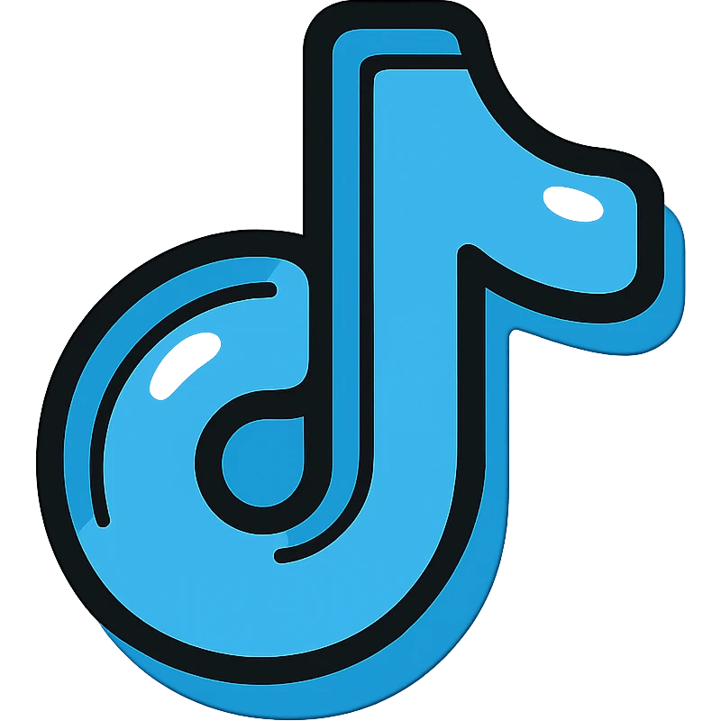 plump rounded TikTok logo in blue with bold black outlines, expressive shadows, glossy highlights, soft rounded corners, dimensional outlined style, no background emoji