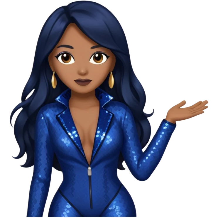 Monica, R&B Singer with long dark brown hair, dark blue sequin outfit emoji