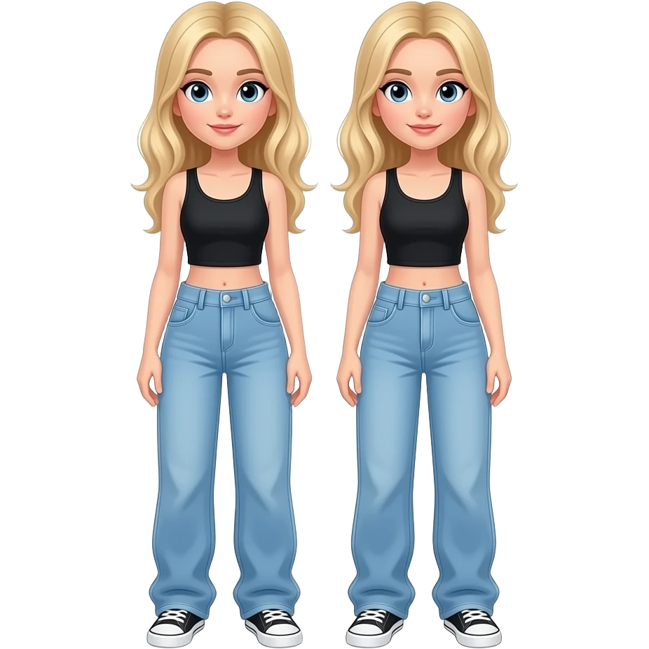 twins blonde hair and light blue eyes wearing a black crop top and light blue baggy jeans, with thin full body emoji