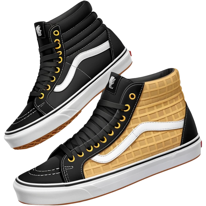 A pair of black Vans Sk8-Hi sneakers arranged with one shoe positioned behind the other, high-top skate shoes with white side stripe and waffle soles emoji