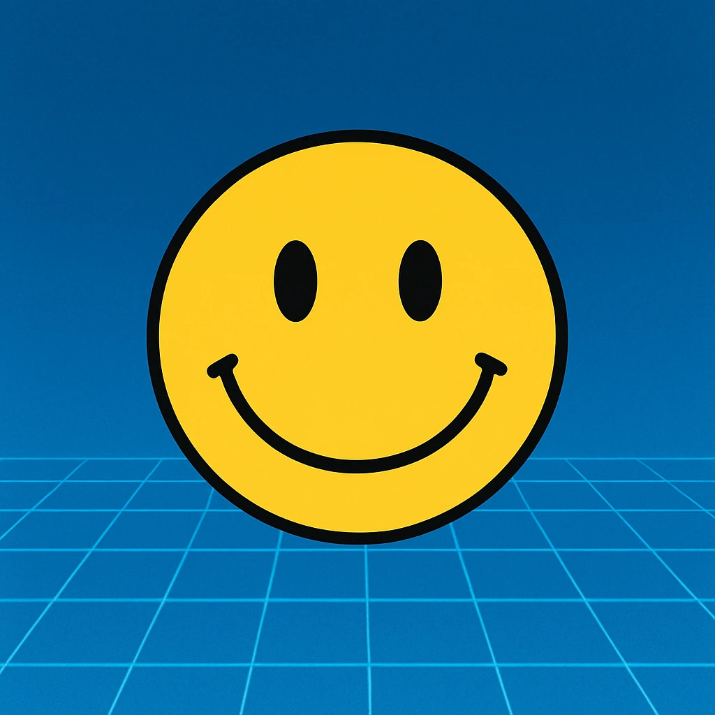 Frame 6: Background is more blue than gradient, grid lines about halfway drawn, smiley face unchanged emoji