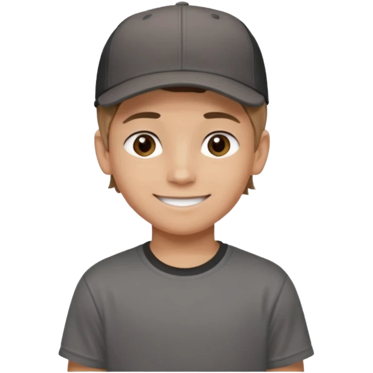 Create a teen boy wearing a faded black T-shirt. He will have light brown hair that is buzzed, tan skin, and dark brown eyes. He is wearing a gray baseball hat turned backwards. He is smiling emoji