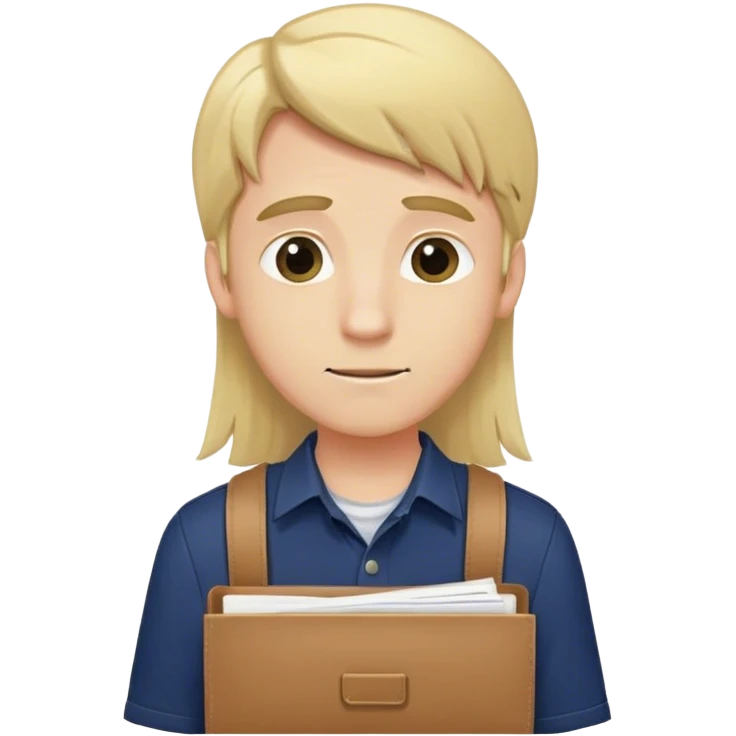 Guy with long straight blonde hair behind head and navy button up holding a school packet emoji
