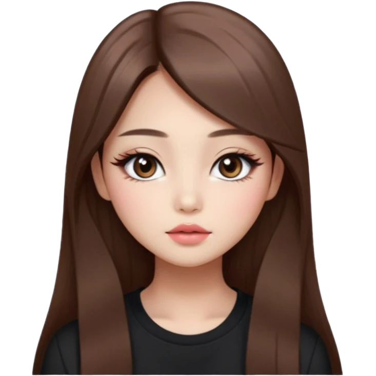“korean straight long brown hair Emoji girl, soft eyeliner and blush, gradient lips, light brown shimmer eyeshadow emoji