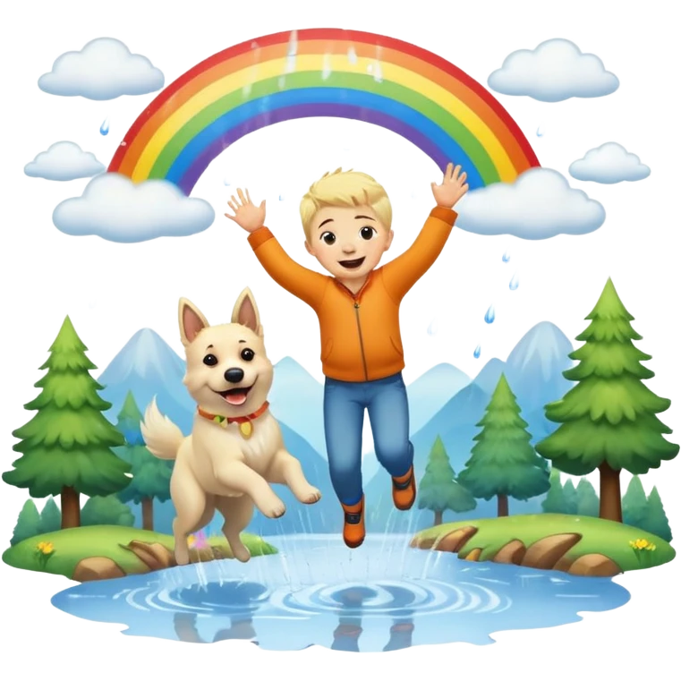 Beautiful White belgian Shepard jumping Cheerful  with a little blonde Boy Who laughs over Rain puddles. There is a rainbow in the sky and a forest in the background emoji