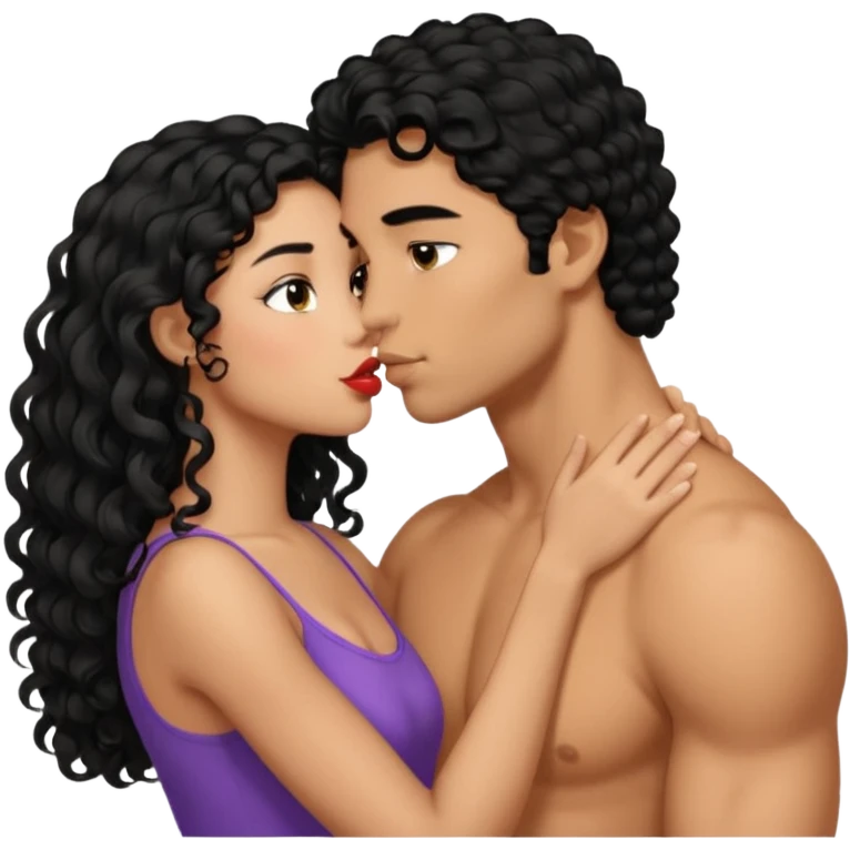 a strong man with short STRAIGHT black hair kissing a shorter girl with long black curly hair emoji