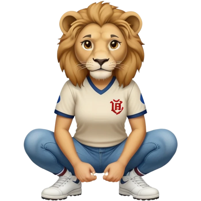 confident anthropomorphised female lion wearing a baseball shirt, jeans, trainers, squatting, empty hands emoji