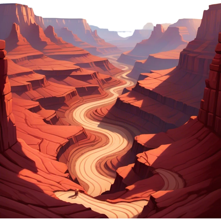 Cinematic Realistic Canyon Emoji, Vast and rugged, with deep red rock formations and winding paths leading down to a dry, dusty floor. Sunlight casts long shadows across the craggy surfaces, highlighting the layers of ancient rock. Soft glowing outline, capturing the essence of dramatic beauty and ancient history in a mighty canyon. emoji