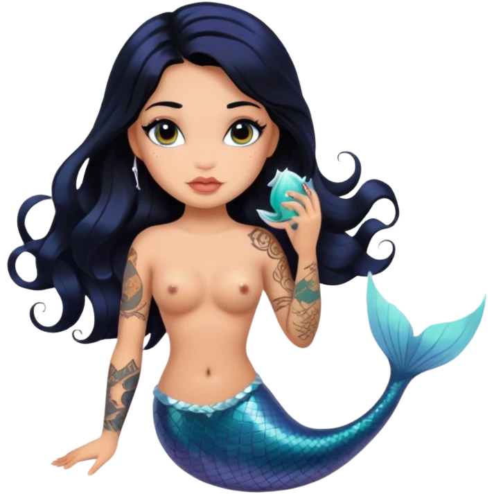 body tattoos, tanned, beautiful, woman, doll, black hair, mermaid, anatomy are ola emoji