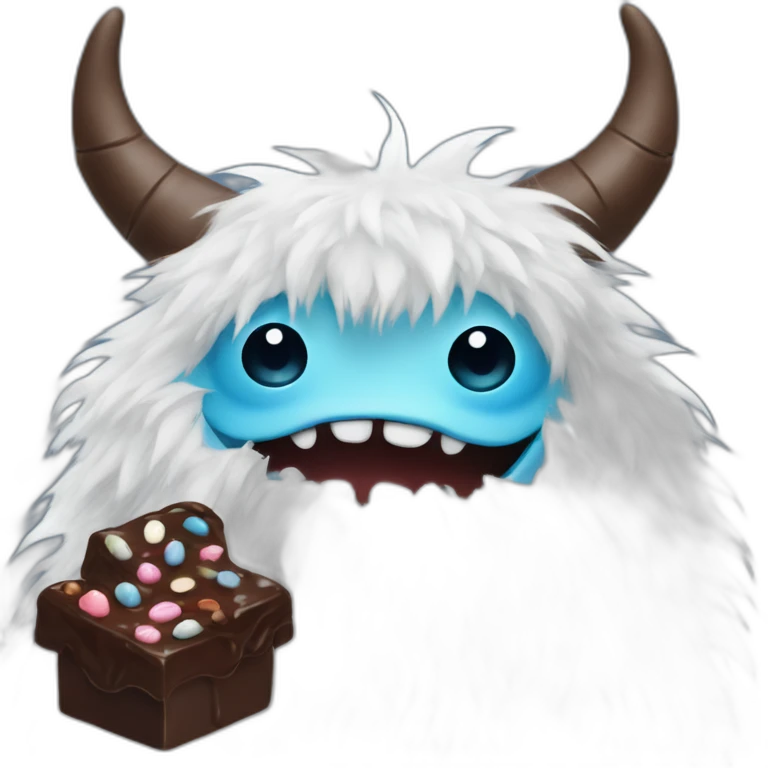 A clipart of a white and blue fur monster with very cute eyes and smile and small horns and his is holding a chocolate emoji