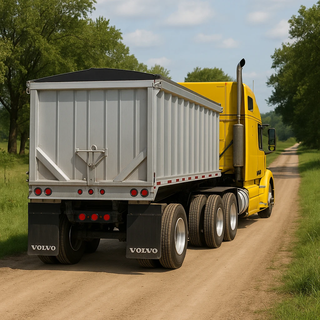 long silver end dump trailer hooked to a Volvo yellow semi sleeper truck, both in normal driving position, photorealistic rear view, daytime country scene with trees, grass, and a dirt road, truck driving away emoji