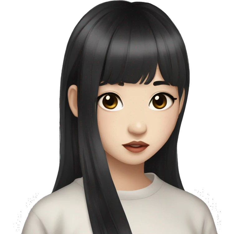 Korean girl, black hair, black eyes, layered hair, cool girl, aesthetic, long hair, hime cut, blunt bangs, small silver hoop earrings emoji